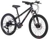 Black 2022 BYK e450 kids 22" mountain bike with disc brakes and front suspension fork