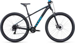 Cube Aim hardtail mountain bike in black and blue for 2022, 100mm travel in front forks