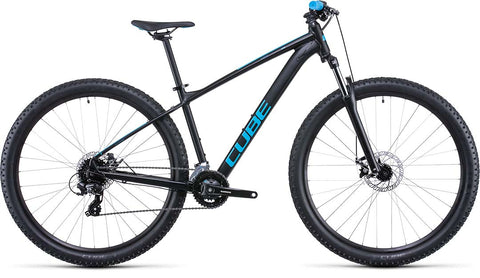 Cube Aim hardtail mountain bike in black and blue for 2022, 100mm travel in front forks